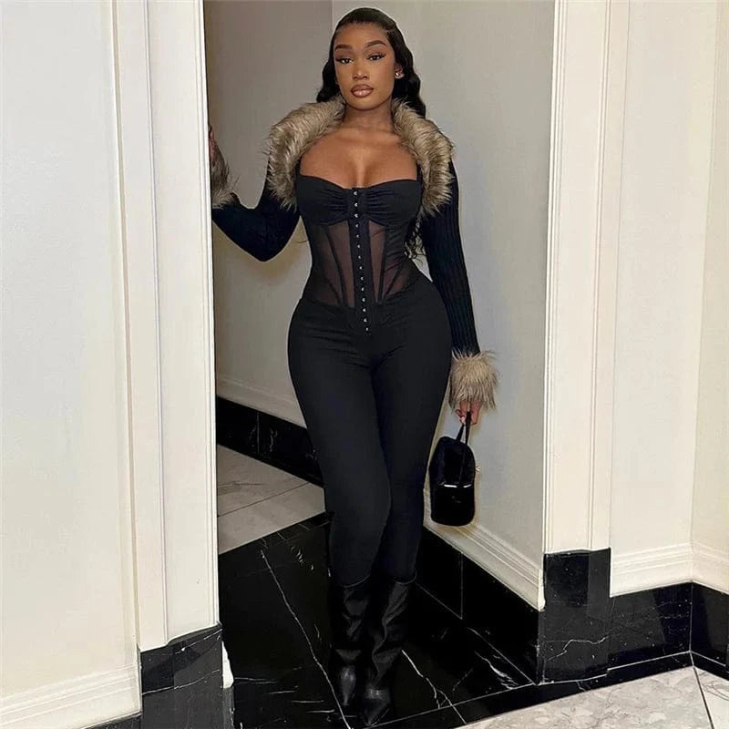 K23Q40606 2024 Spring Low Cut Sleeveless Backless Jumpsuit Bodycon Sexy See Through Maxi Jumpsuit For Women Lady