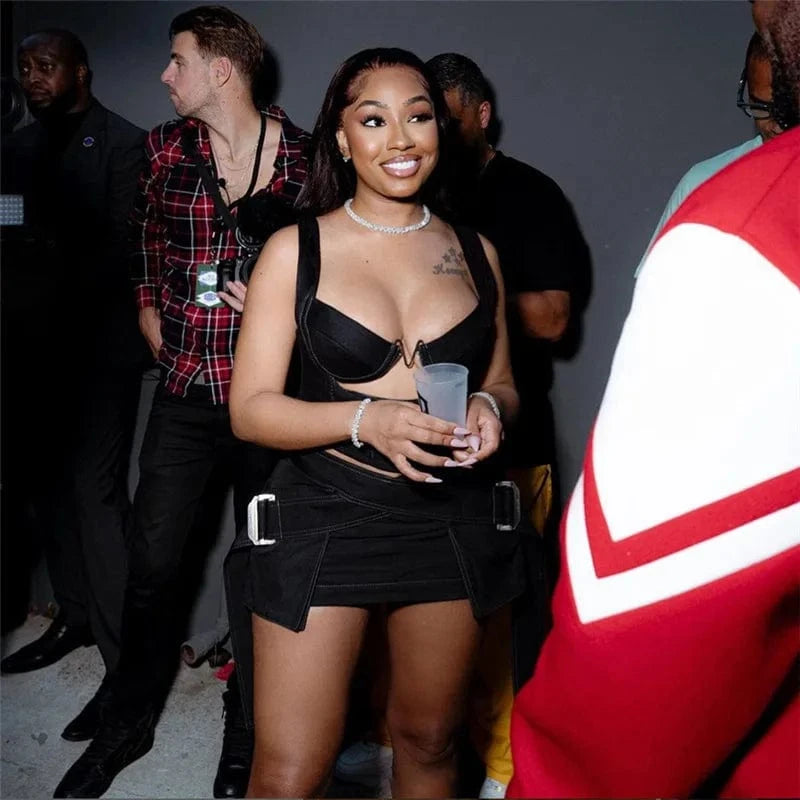 K23S38240 2024 Fashion Zip-up Tanks+high Waist Cross Ribbon Skirts Female 2pcs Set Cut Out Sexy Women's Set