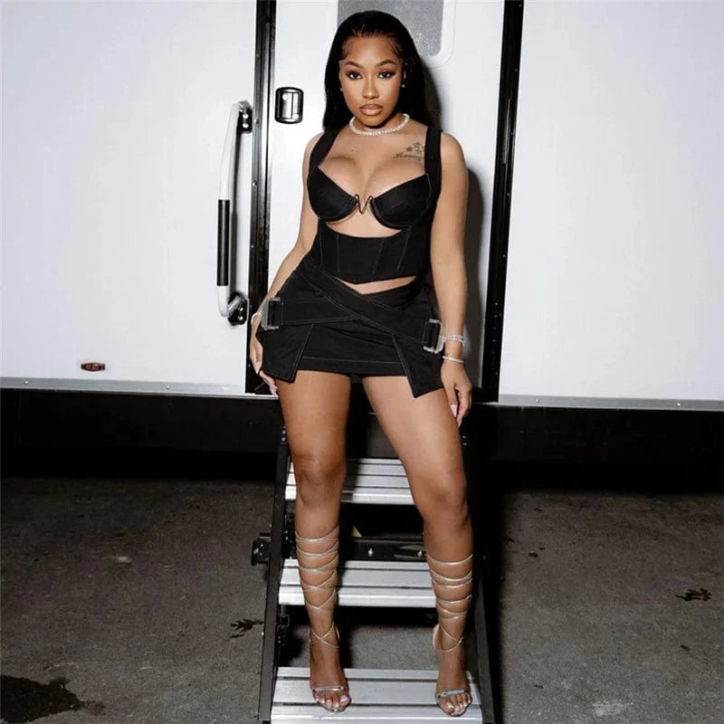 K23S38240 2024 Fashion Zip-up Tanks+high Waist Cross Ribbon Skirts Female 2pcs Set Cut Out Sexy Women's Set