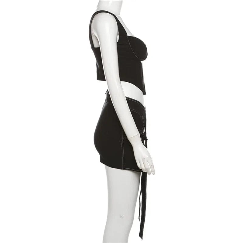 K23s38240 New 2024 Spring Patchwork Sleeveless Cami Crop Top And Short Skirt 2 Piece Set Solid Bodycon Sexy Women's Set