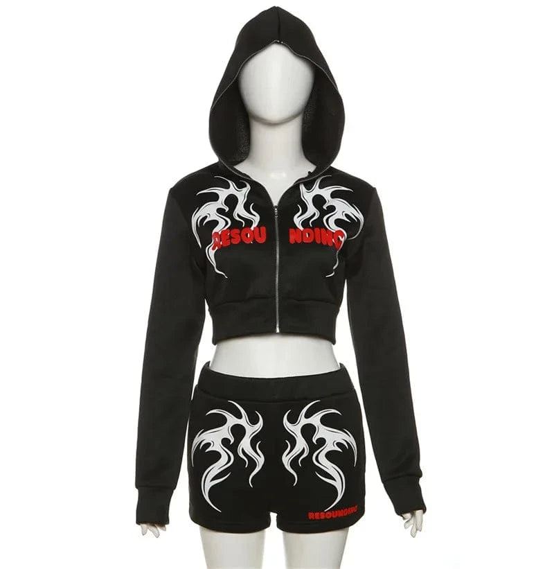 K23S38335 New Arrival Sweatsuit 2024 Spring Streetwear 2 Pieces Sets Graphic Hooded Jacket With Shorts Women Fashion