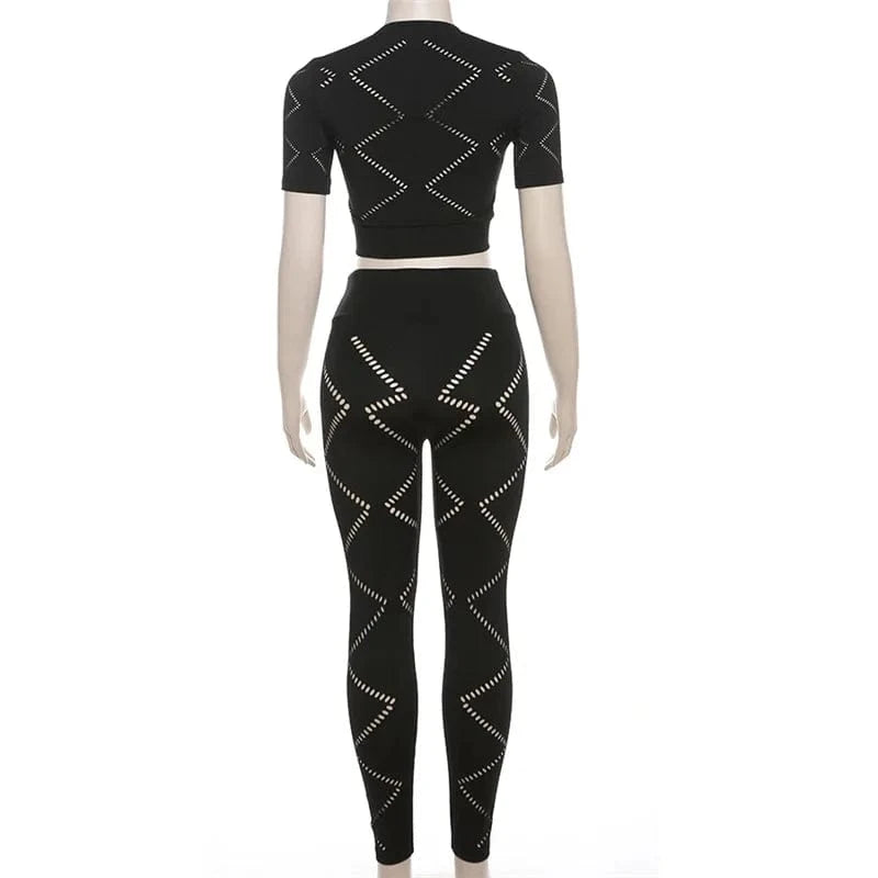 K23s40510 2024 Spring Women's Set Short Sleeve Cut Out Burnout Crop Top Maxi Skinny Sexy Pants 2 Piece Set For Women Lady