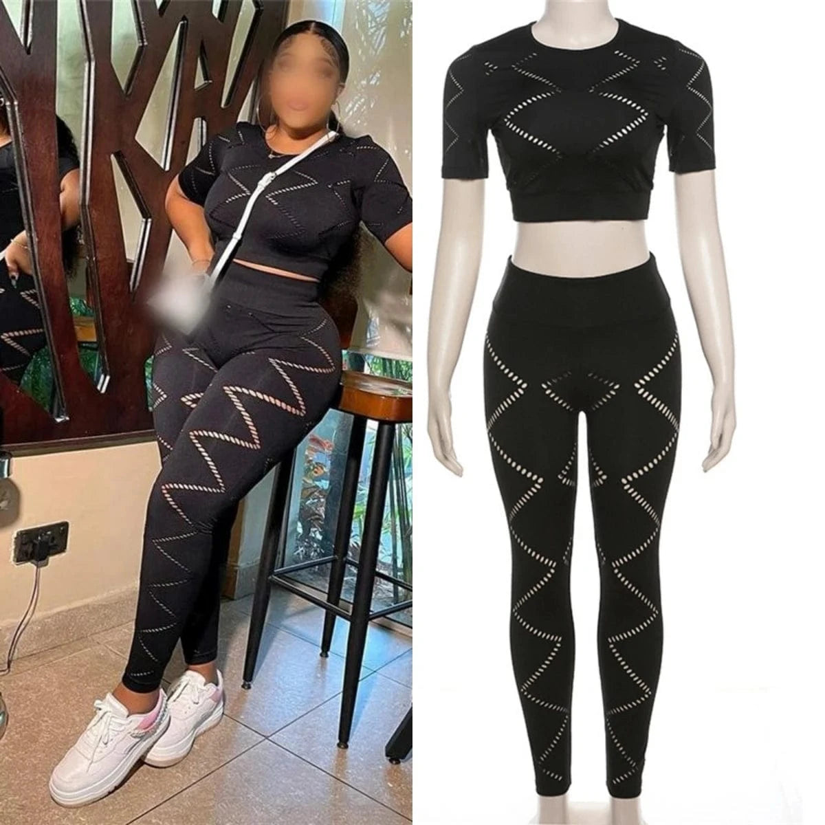 K23s40510 2024 Spring Women's Set Short Sleeve Cut Out Burnout Crop Top Maxi Skinny Sexy Pants 2 Piece Set For Women Lady