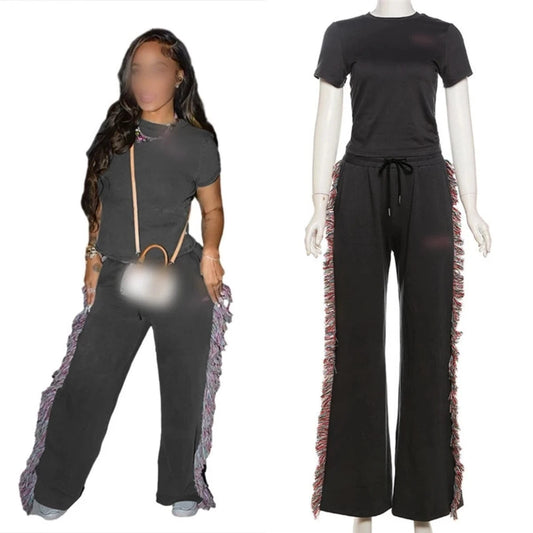 K23S40781 2024 Hot Sales Tassel Design Loose Straight Plus Size Women's Sweater Pants
