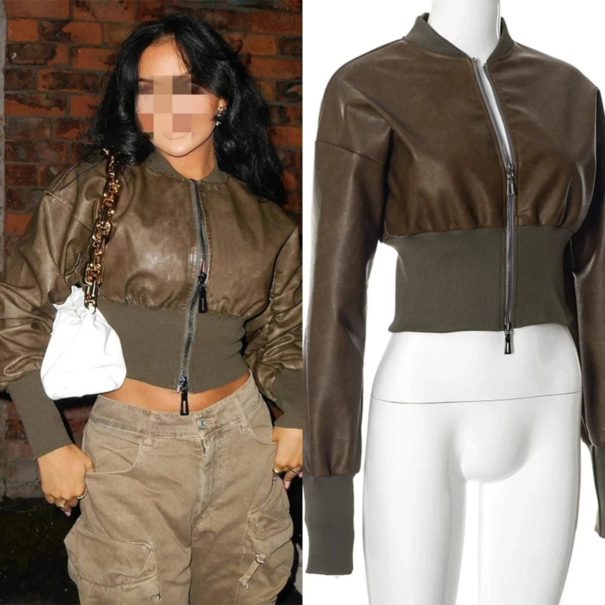 K23tp533 Fashion 2024 New Autumn Winter Pu Leather Patchwork Long Sleeve Crop Coat Bodycon Casual Coat For Women Lady