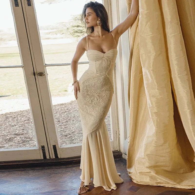 K24D43500 Elegant 2024 Spring Summer Sleeveless Cami Lace Patchwork Dress Pleated Skinny Sexy Maxi Dress For Women Lady