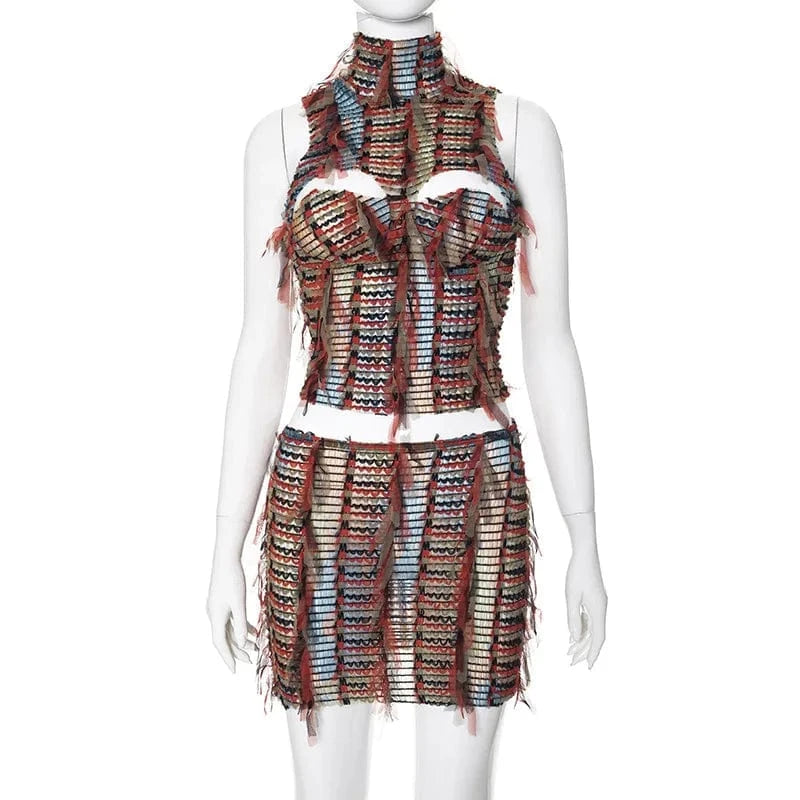 K24ST067 Color Patchwork Mesh Tassel 2 Piece Set Women Sexy Turtleneck Sleeveless Hollow Out Backless Crop Tops mini Skirts
