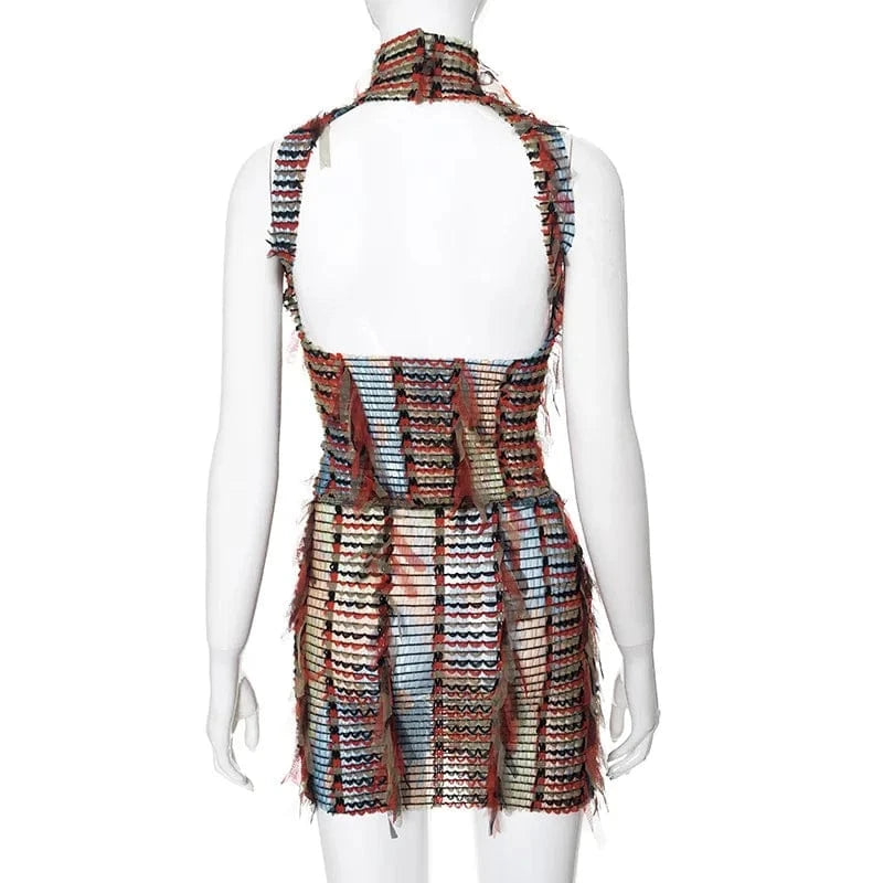K24ST067 Color Patchwork Mesh Tassel 2 Piece Set Women Sexy Turtleneck Sleeveless Hollow Out Backless Crop Tops mini Skirts