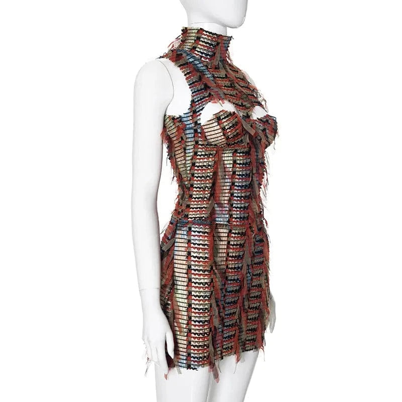 K24ST067 Color Patchwork Mesh Tassel 2 Piece Set Women Sexy Turtleneck Sleeveless Hollow Out Backless Crop Tops mini Skirts
