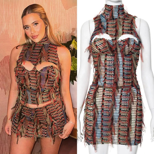 K24ST067 Color Patchwork Mesh Tassel 2 Piece Set Women Sexy Turtleneck Sleeveless Hollow Out Backless Crop Tops mini Skirts