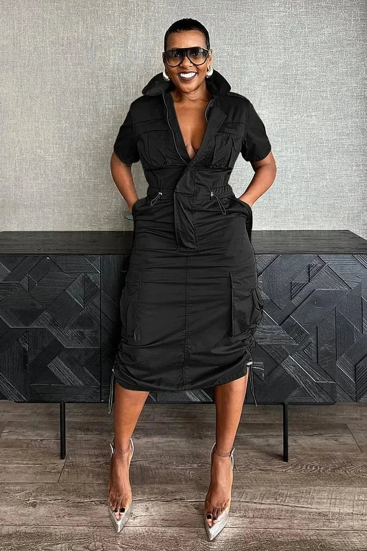 K3320-1 / S Streetwear Multi Pockets Cargo Dress Sexy Women Turn Down Collar Elegant Club Party Skater Dress Vestidos