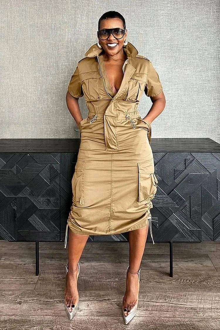 K3320-2 / S Streetwear Multi Pockets Cargo Dress Sexy Women Turn Down Collar Elegant Club Party Skater Dress Vestidos