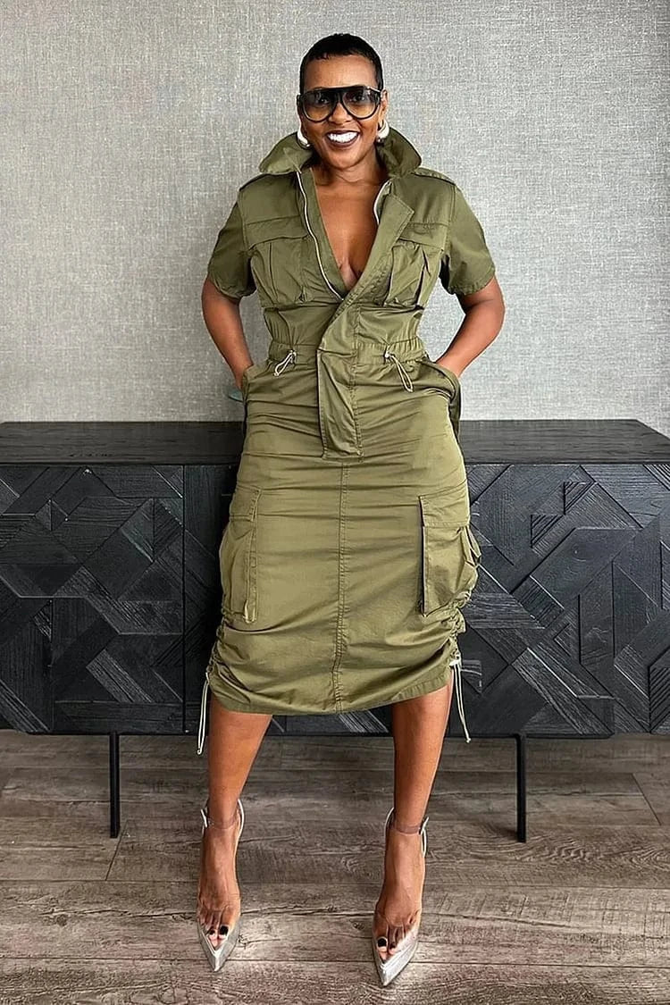 K3320-3 / S Streetwear Multi Pockets Cargo Dress Sexy Women Turn Down Collar Elegant Club Party Skater Dress Vestidos