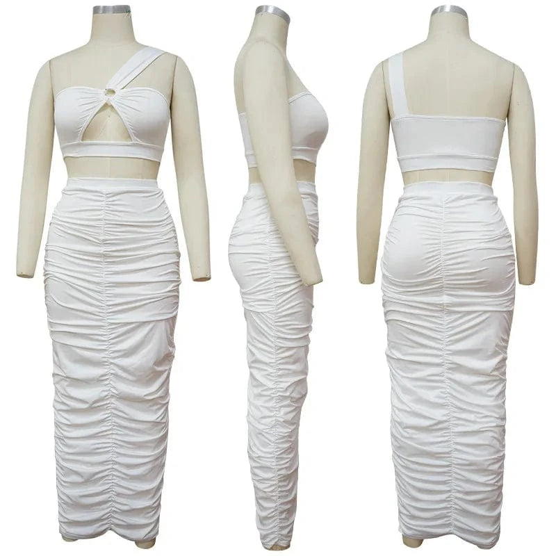 K9880 New Arrival 2024 Summer Sleeveless One Shoulder Hollow Out Slim Bodycon Sexy Dresses Women Maxi Skirt 2 Piece Set