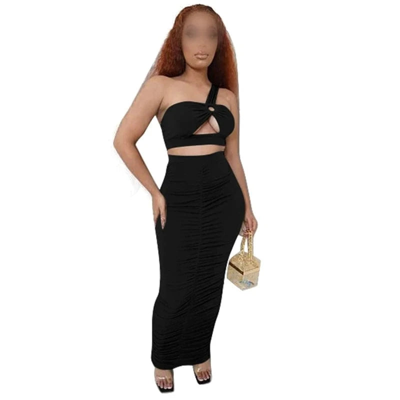 K9880 New Arrival 2024 Summer Sleeveless One Shoulder Hollow Out Slim Bodycon Sexy Dresses Women Maxi Skirt 2 Piece Set
