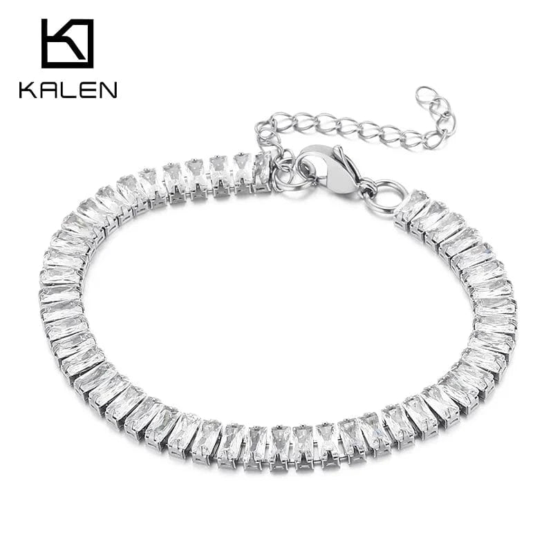 Kalen Women's Jewelry Sets Rectangles Zircon Patchwork Chain Stainless Steel Necklace Bracelet