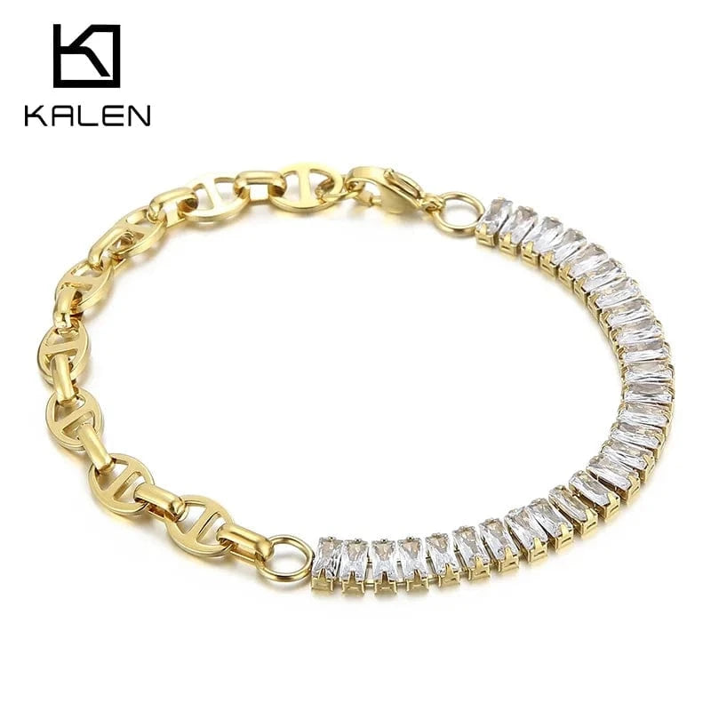 Kalen Women's Jewelry Sets Rectangles Zircon Patchwork Chain Stainless Steel Necklace Bracelet