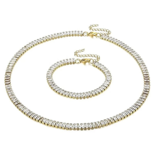 Kalen Women's Jewelry Sets Rectangles Zircon Patchwork Chain Stainless Steel Necklace Bracelet