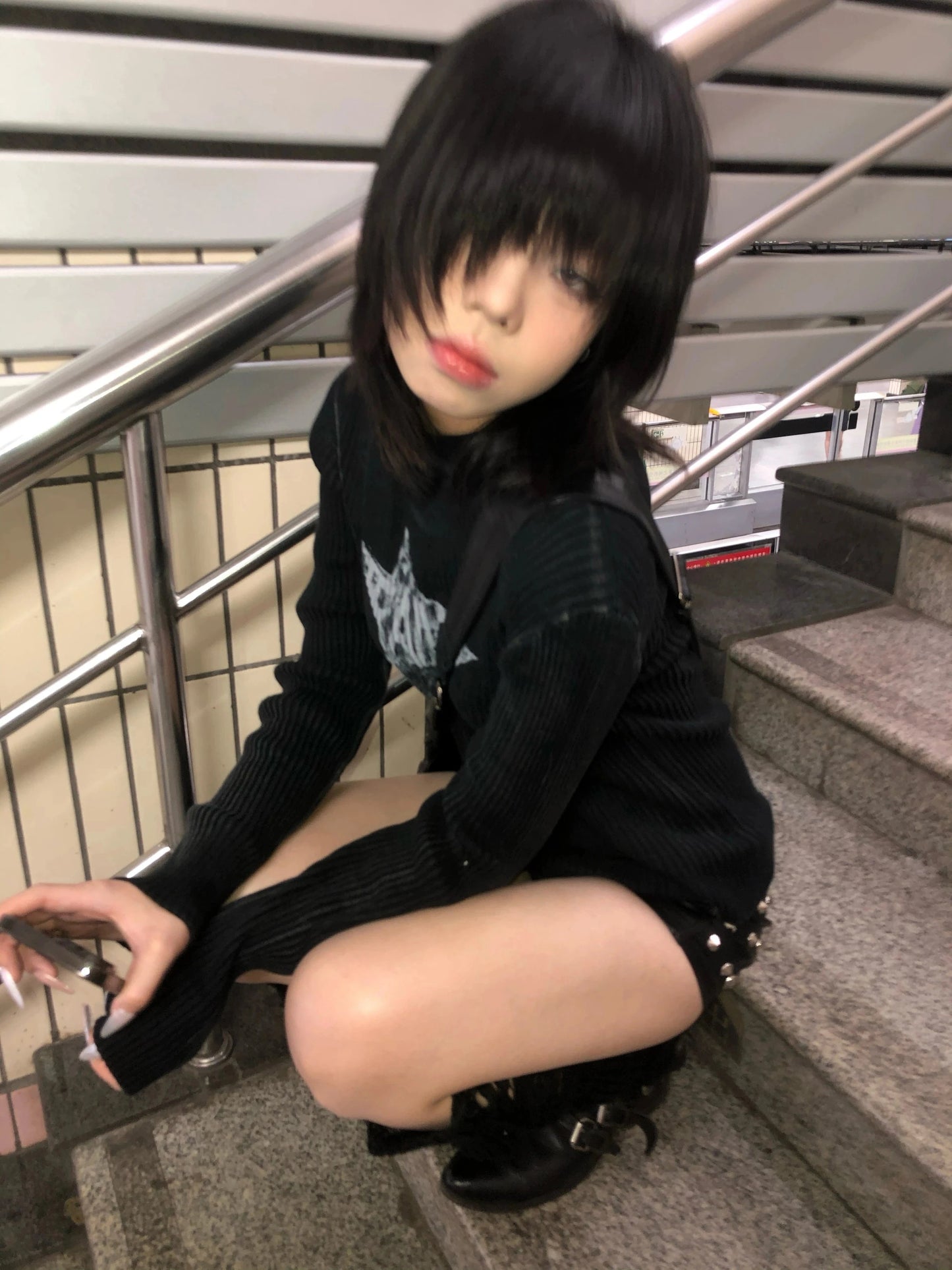 Karrram Japanese Y2k Black Knitted Tops Trashy 2000s Style Long Sleeve Knit T-shirt Vintage Harajuku Distressed Knitwear Grunge