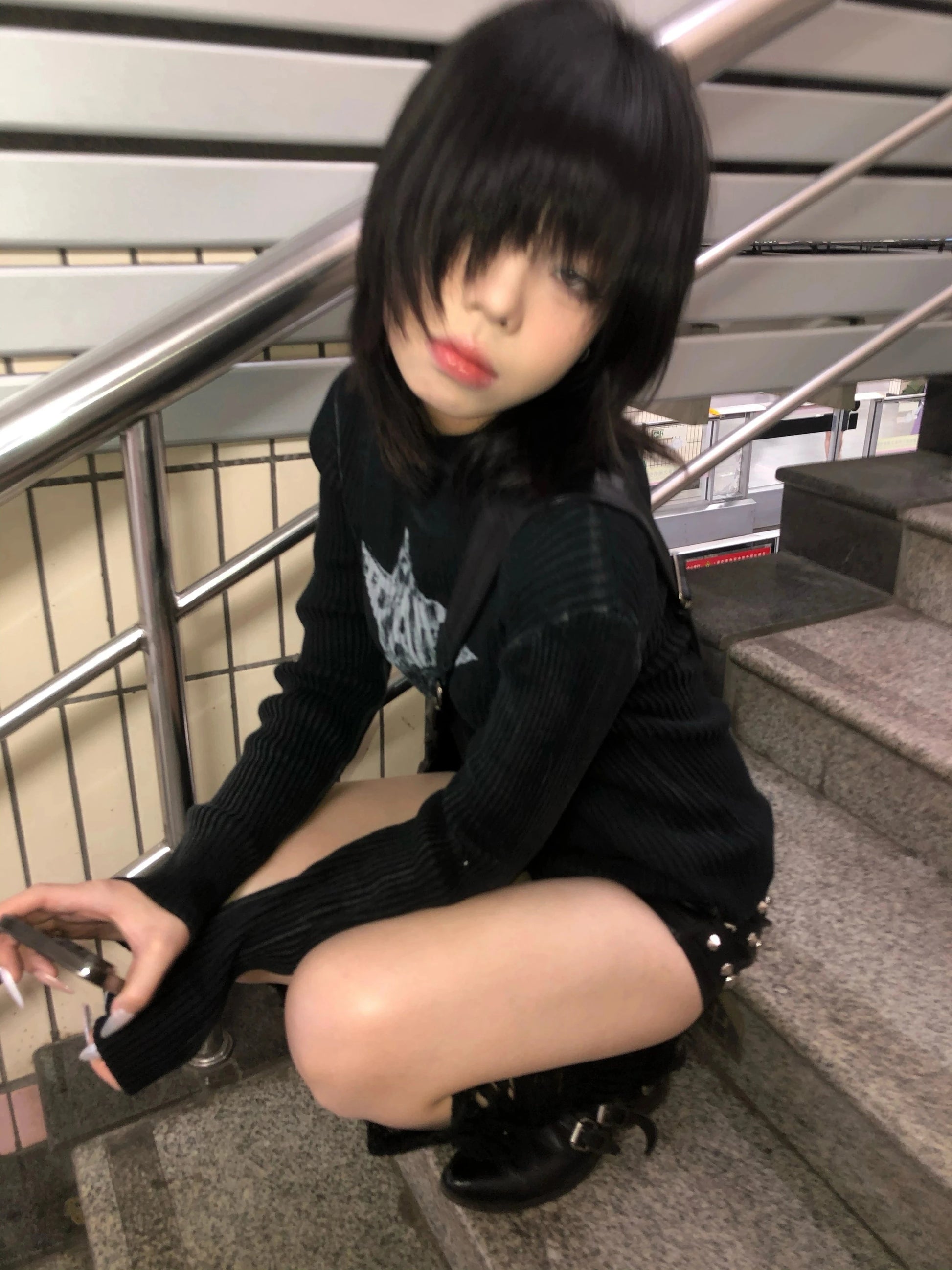 Karrram Japanese Y2k Black Knitted Tops Trashy 2000s Style Long Sleeve Knit T-shirt Vintage Harajuku Distressed Knitwear Grunge