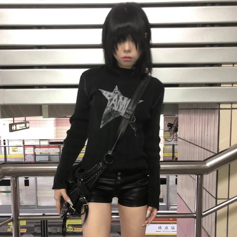 Karrram Japanese Y2k Black Knitted Tops Trashy 2000s Style Long Sleeve Knit T-shirt Vintage Harajuku Distressed Knitwear Grunge