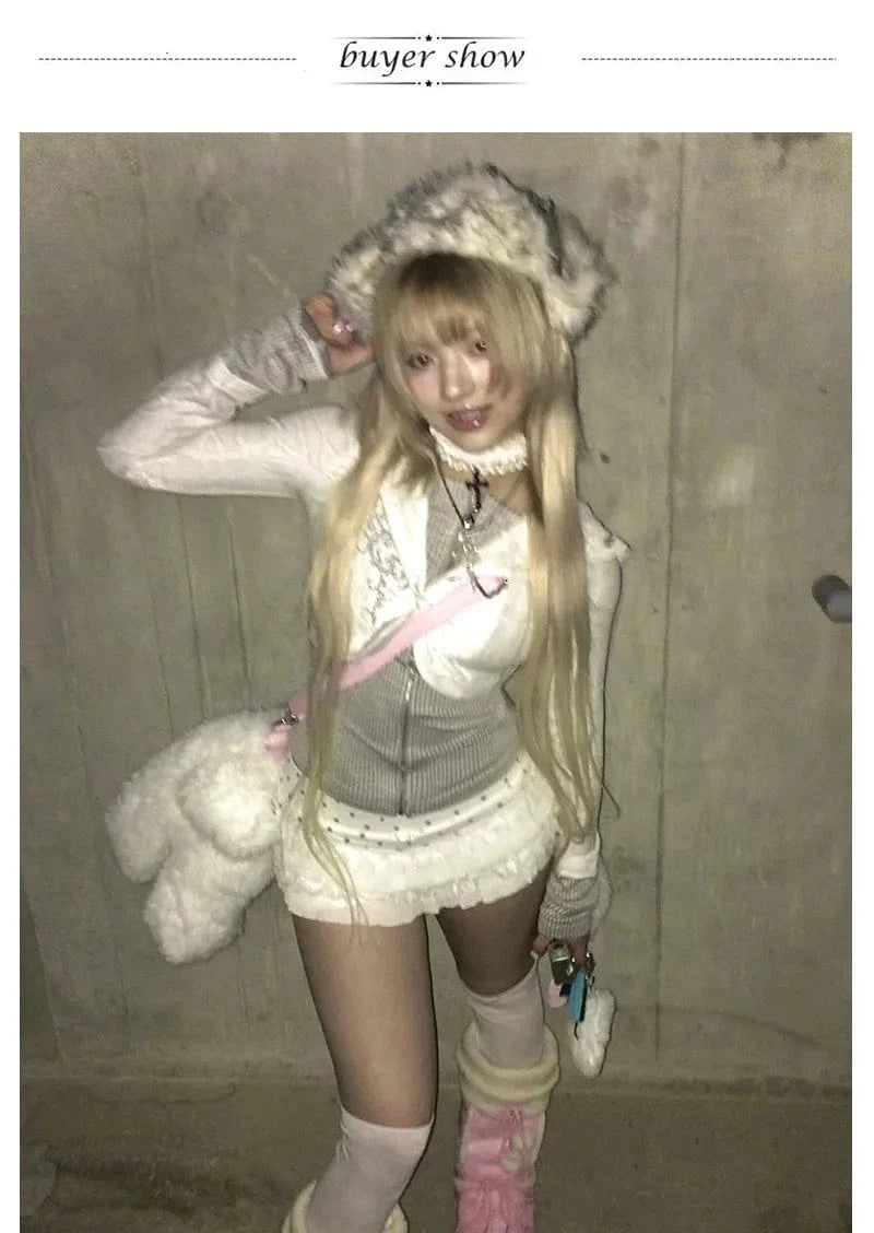 Karrram Japanese Y2k Fake Two-piece Knitted Tops Trashy 2000s Hooded Jacket Vintage Harajuku Knitwear Grunge Aesthetics American