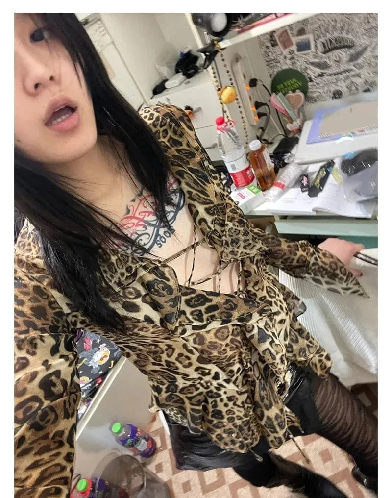 karrram Japanese Y2k Leopard Print Shirt Vintage Harajuku Ruffled Blouses Grunge Aesthetics V-neck Irregular Shirt Trashy 90s