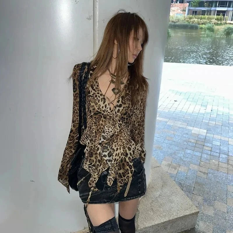 karrram Japanese Y2k Leopard Print Shirt Vintage Harajuku Ruffled Blouses Grunge Aesthetics V-neck Irregular Shirt Trashy 90s