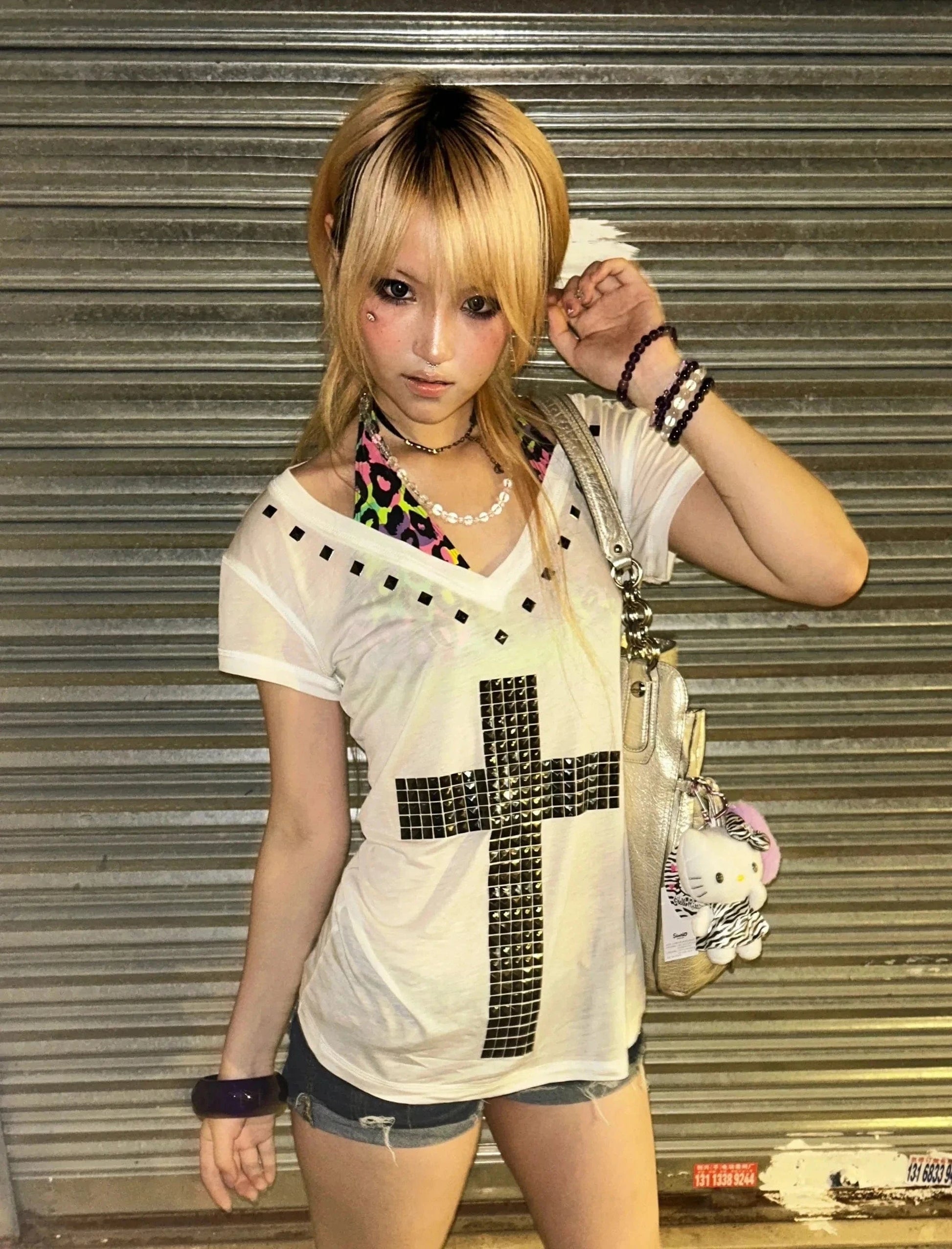 Karrram Japanese Y2k Metal Cross Print T-shirt Vintage Harajuku Short Sleeve Sheer Tops Trashy 2000s V-neck Streetwear Grunge