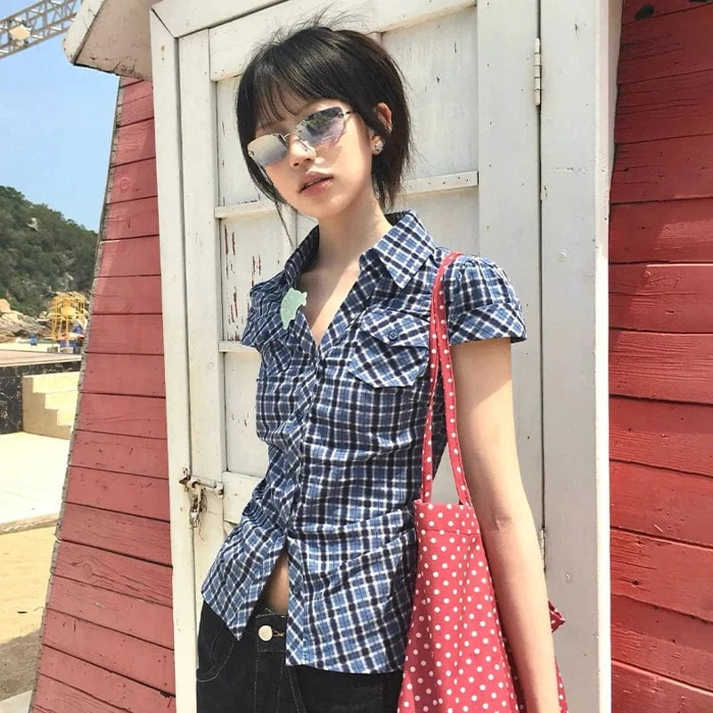 Karrram Japanese Y2k Plaid Shirt Vintage Harajuku V-neck Blouses Korean Fashion Women Short Sleeve Shirts 2000s American Retro