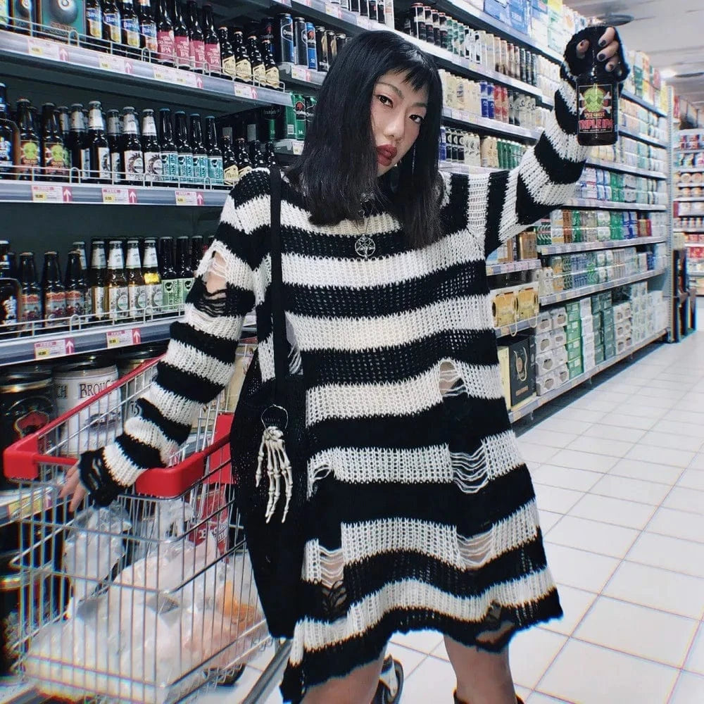 Karrram Punk Gothic Sweater Emo Tops E-girls Mall Goth Pullovers Y2k Harajuku Grunge Clothes Alt Dark Aesthetic Striped Jumpers