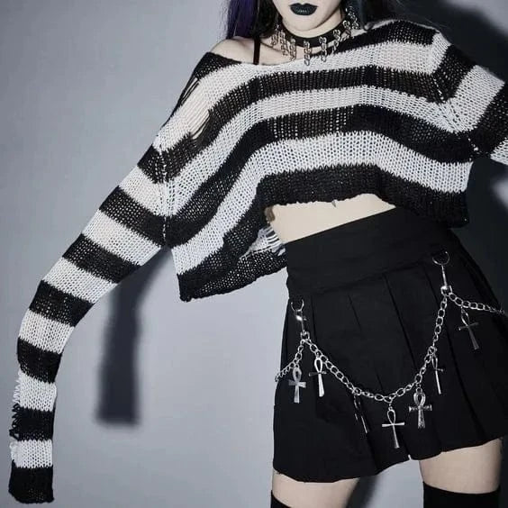 Karrram Punk Gothic Sweater Emo Tops E-girls Mall Goth Pullovers Y2k Harajuku Grunge Clothes Alt Dark Aesthetic Striped Jumpers