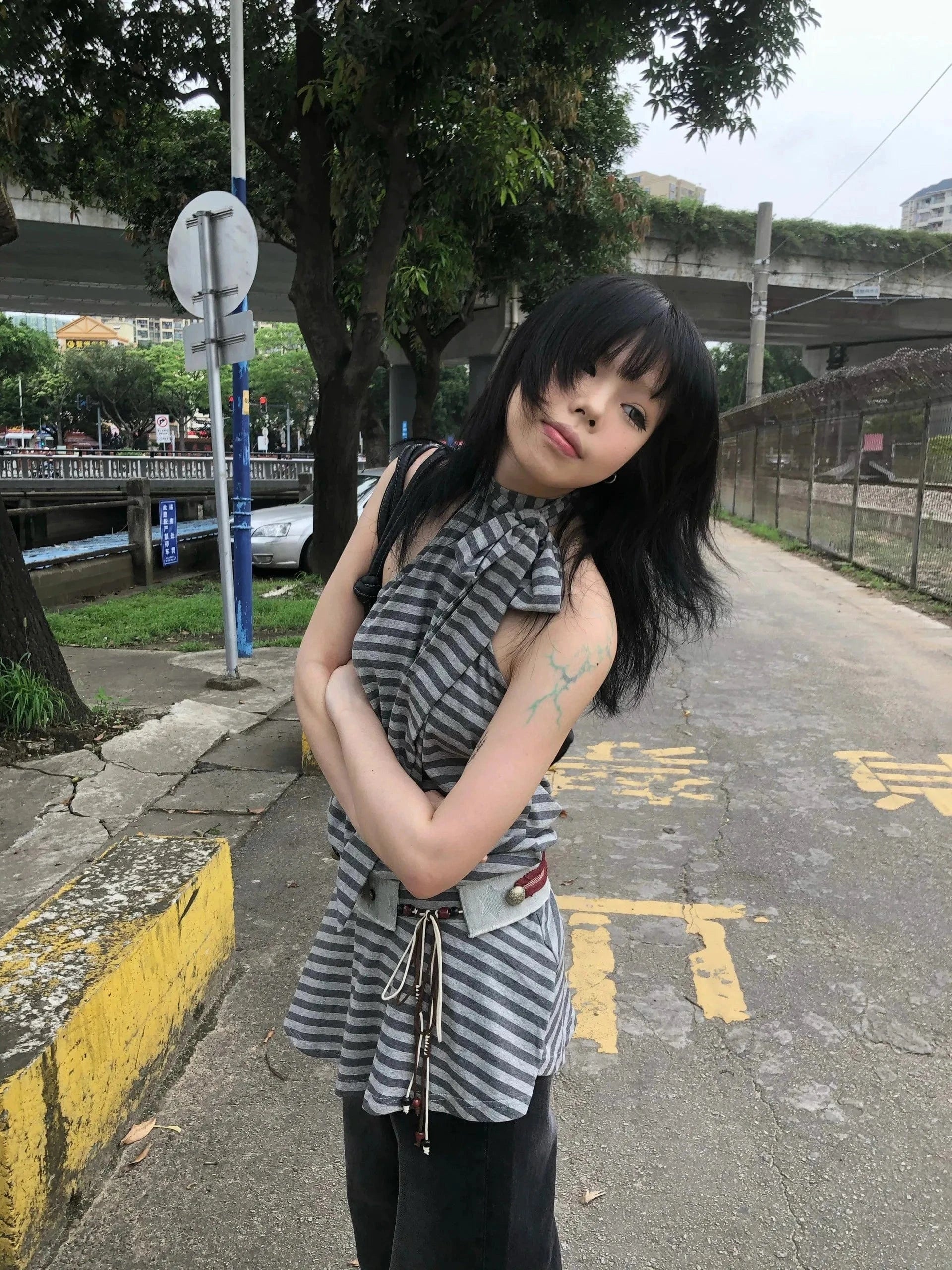 Karrram Y2k Aesthetics Halter Dress Japanese 2000s Style Grey Striped Short Dress Vintage Harajuku Backless Mini Dress Grunge