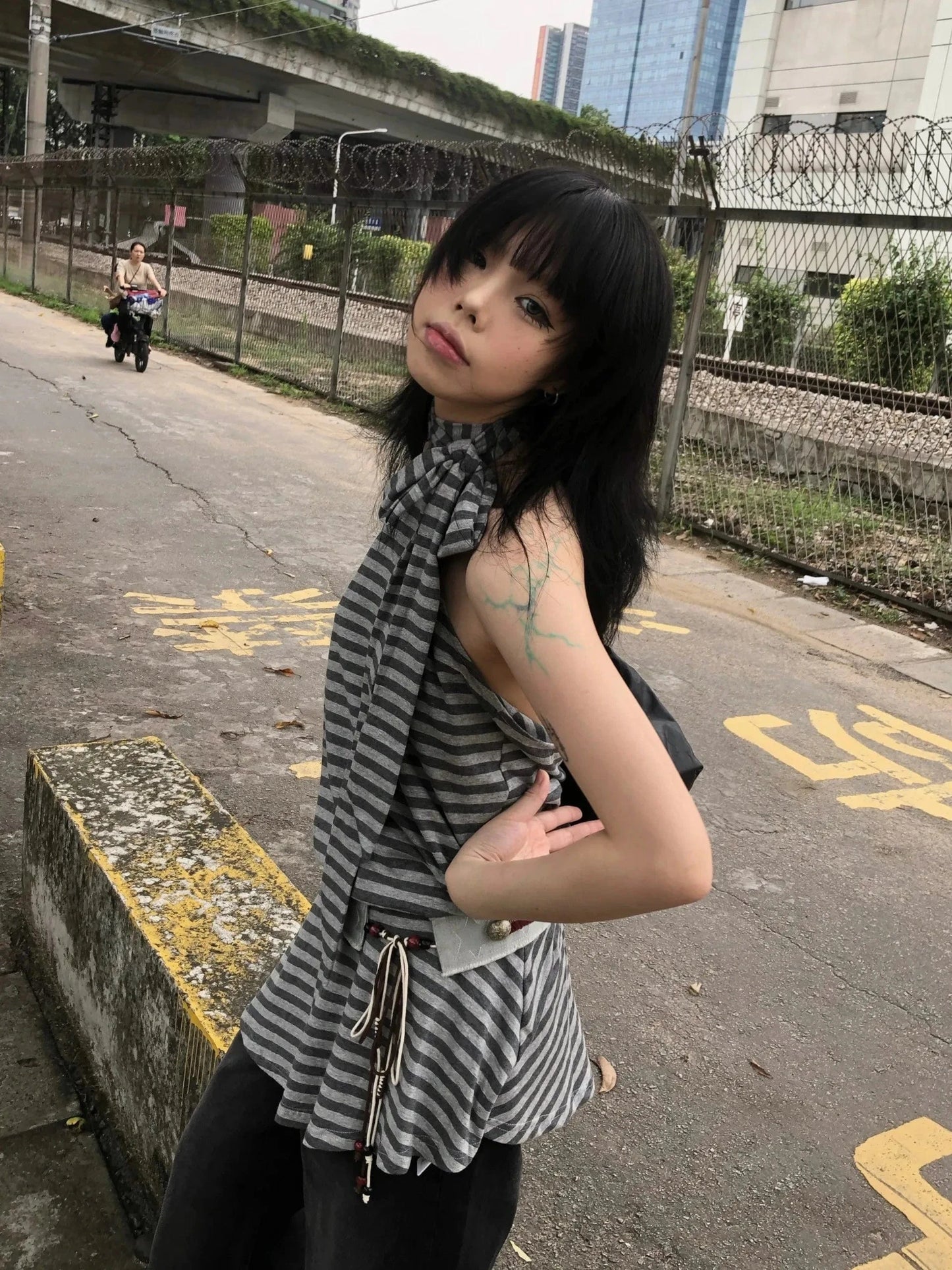 Karrram Y2k Aesthetics Halter Dress Japanese 2000s Style Grey Striped Short Dress Vintage Harajuku Backless Mini Dress Grunge