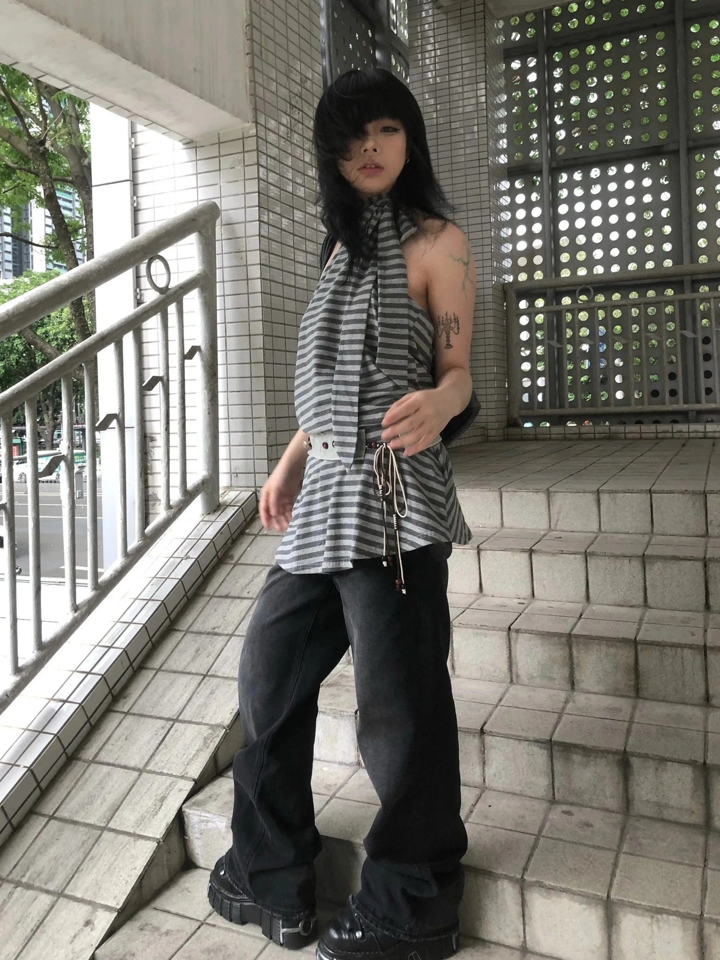 Karrram Y2k Aesthetics Halter Dress Japanese 2000s Style Grey Striped Short Dress Vintage Harajuku Backless Mini Dress Grunge
