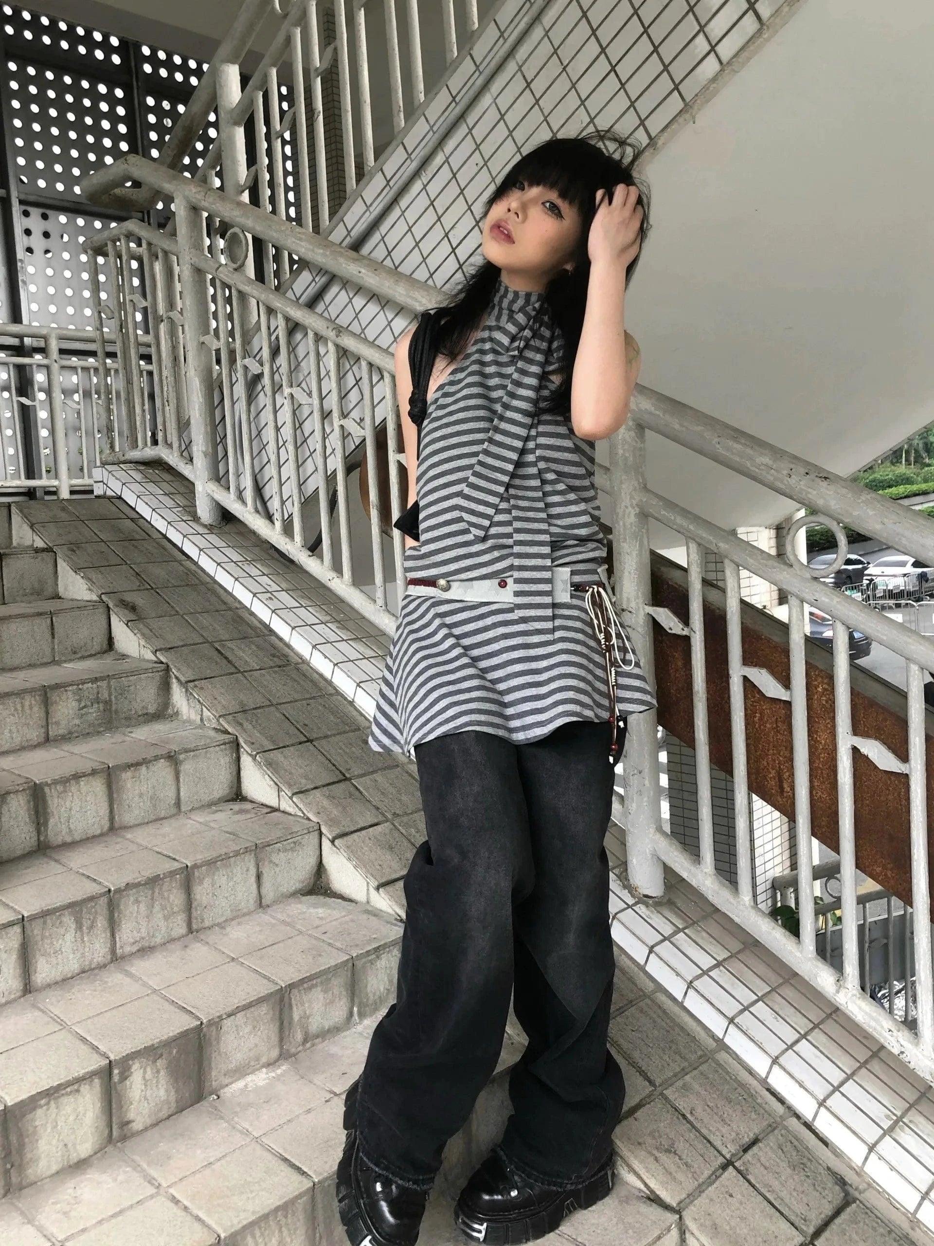 Karrram Y2k Aesthetics Halter Dress Japanese 2000s Style Grey Striped Short Dress Vintage Harajuku Backless Mini Dress Grunge