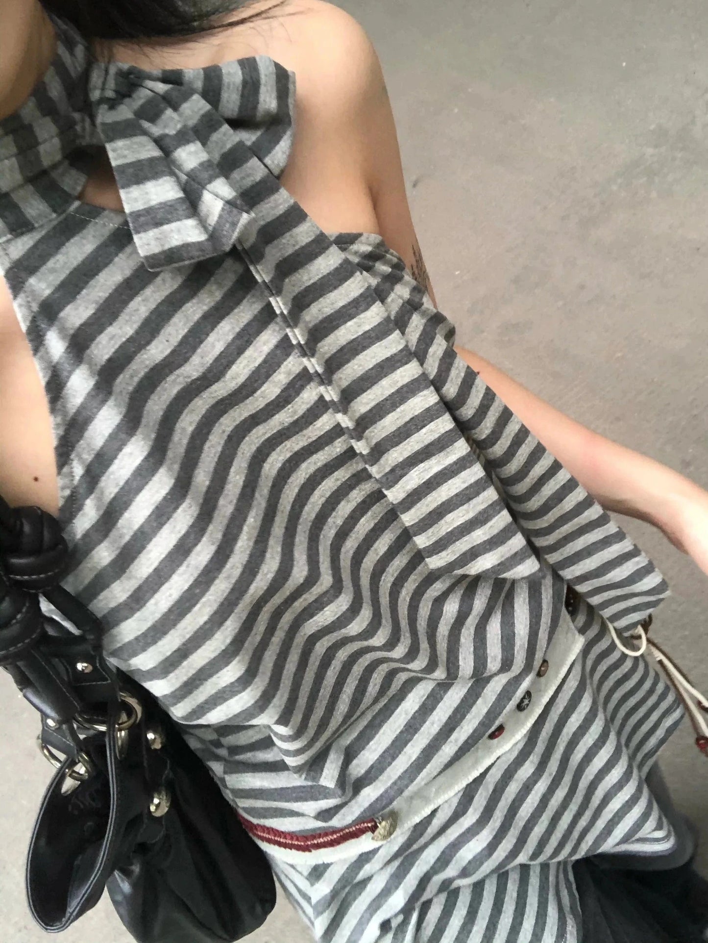 Karrram Y2k Aesthetics Halter Dress Japanese 2000s Style Grey Striped Short Dress Vintage Harajuku Backless Mini Dress Grunge