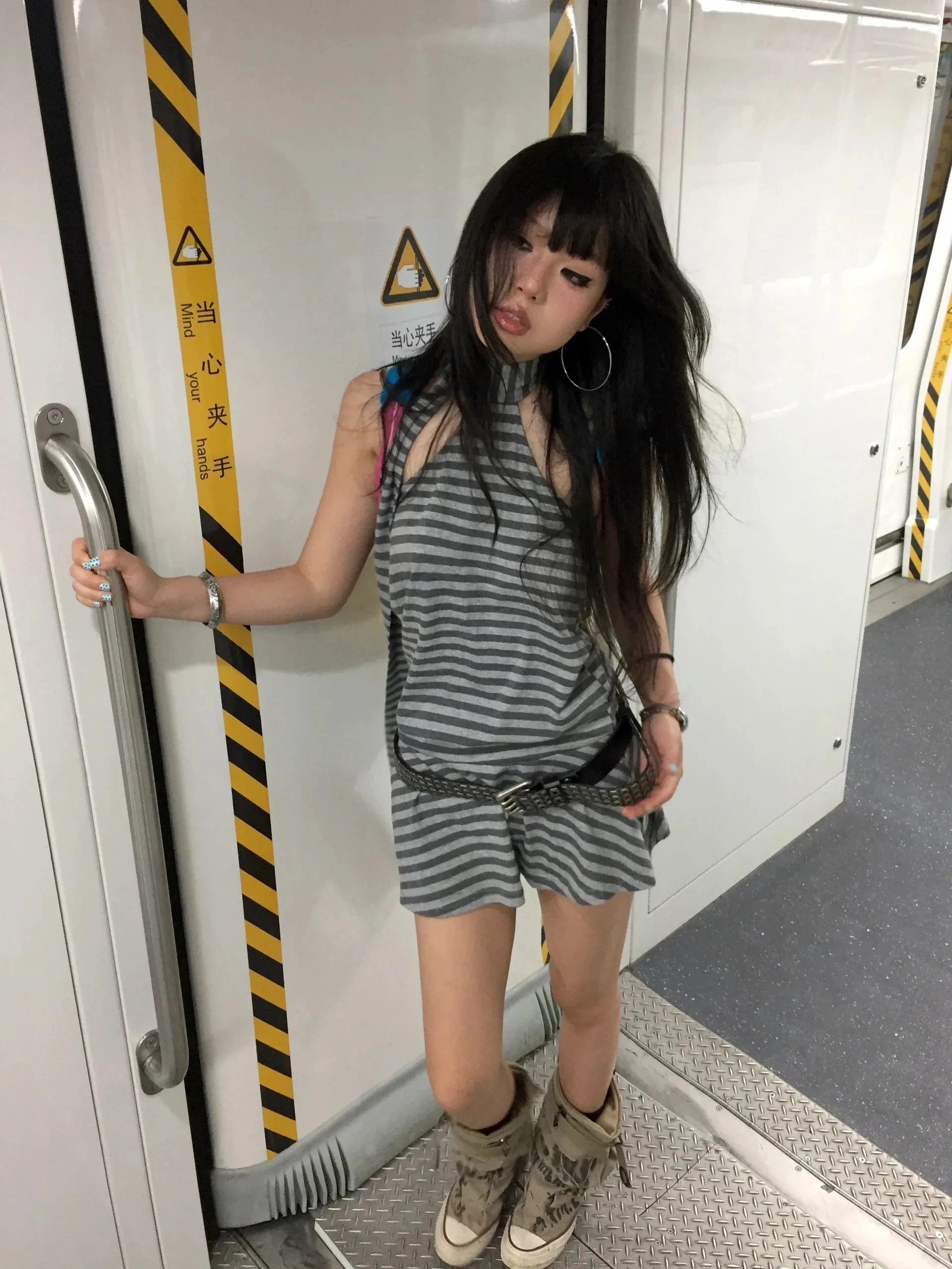 Karrram Y2k Aesthetics Halter Dress Japanese 2000s Style Grey Striped Short Dress Vintage Harajuku Backless Mini Dress Grunge