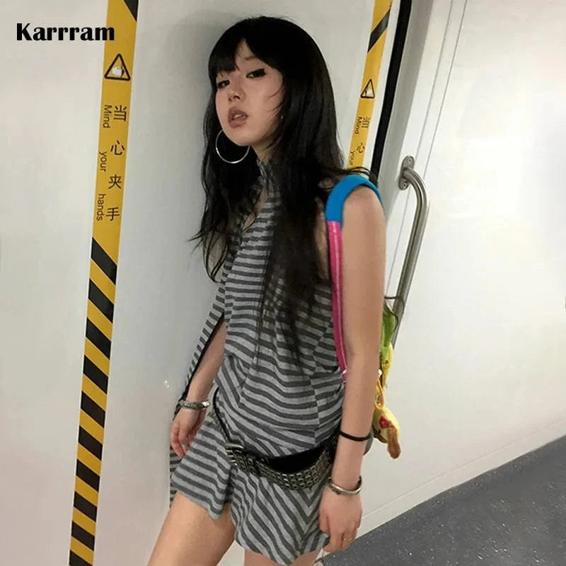 Karrram Y2k Aesthetics Halter Dress Japanese 2000s Style Grey Striped Short Dress Vintage Harajuku Backless Mini Dress Grunge