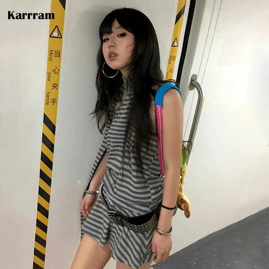 Karrram Y2k Aesthetics Halter Dress Japanese 2000s Style Grey Striped Short Dress Vintage Harajuku Backless Mini Dress Grunge