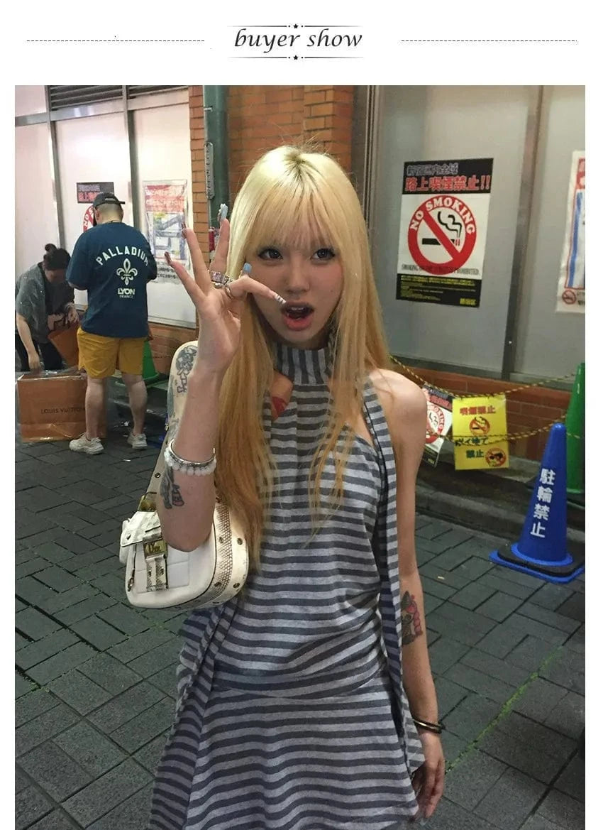 Karrram Y2k Aesthetics Halter Dress Japanese 2000s Style Grey Striped Short Dress Vintage Harajuku Backless Mini Dress Grunge