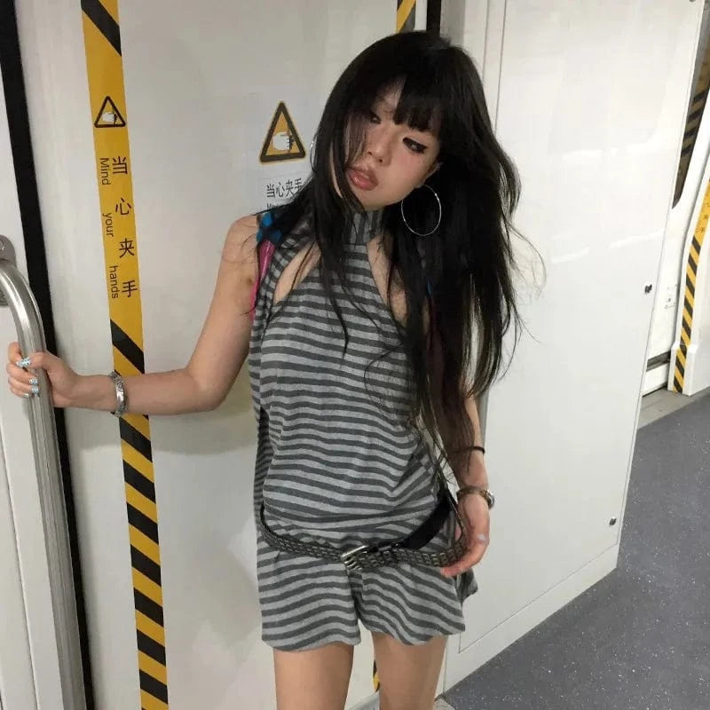 Karrram Y2k Aesthetics Halter Dress Japanese 2000s Style Grey Striped Short Dress Vintage Harajuku Backless Mini Dress Grunge