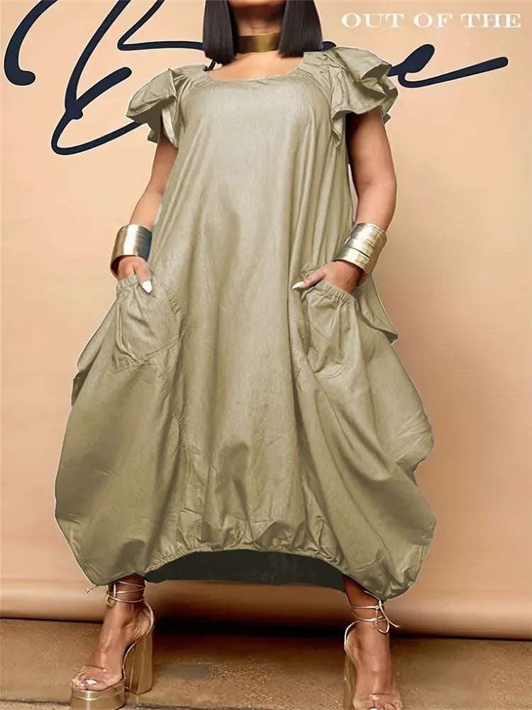 Khaki / 1XL Wmstar Long Dresses for Women 2025 Casual Sweet Solid Color Pockets Loose Summer Clothes Maxi Dresses Wholesale Dropshipping