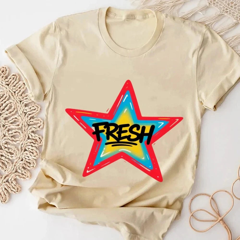 Khaki / L Graffiti Style FRESH Colorful Star Graphic Tee Casual White T-Shirt with Vibrant Gradient Star Design for Trendy Urban Fashion