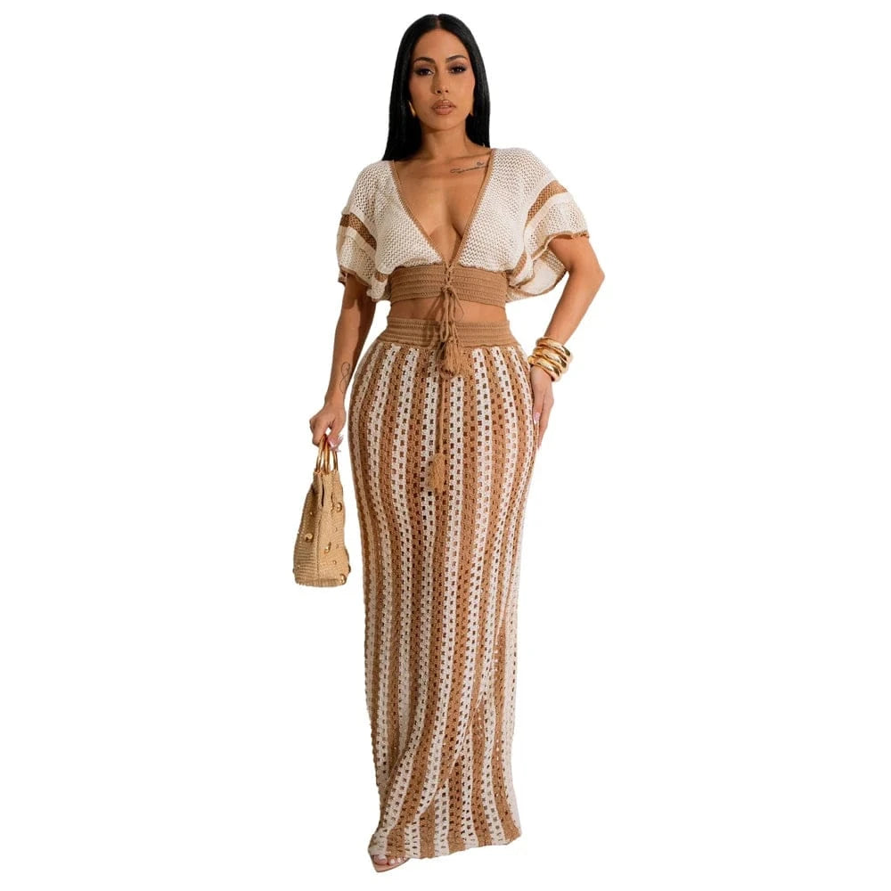 Khaki / M Summer 2 Pieces Women Vacation Outfits Striped Knitted Dress Sets Hollow Out Long Skirts and Short Sleeve V-Neck Crop Tops Set