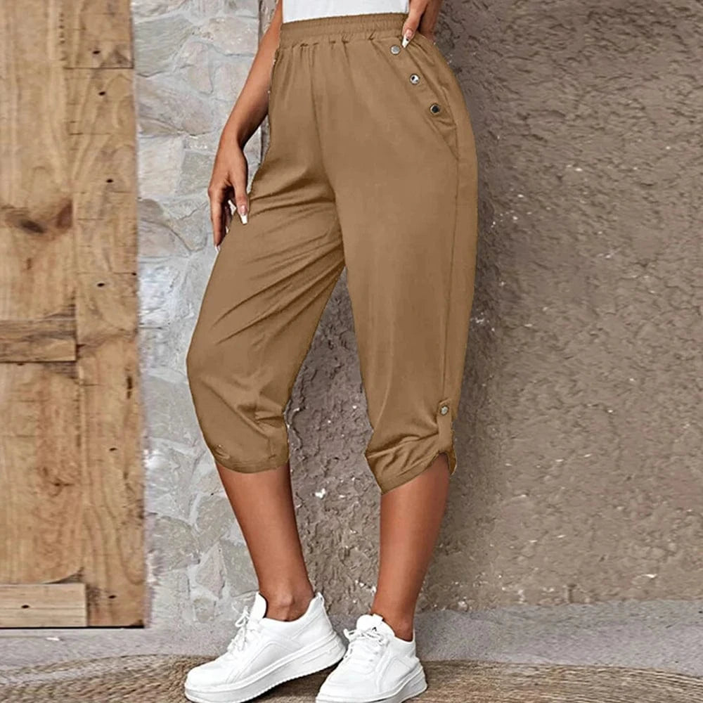 Khaki / M Women Elastic Waist Pants Summer Solid Color Casual Trousers Bottom Elegant Fashion Office Lady Loose Cropped Pants S-3XL