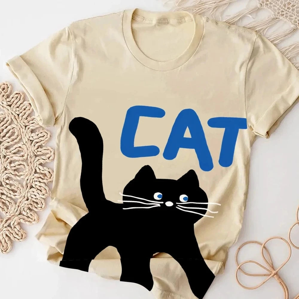 Khaki / M Women's Basic Crew Neck Tee Trendy Y2K Women's Short Sleeve Cartoon Cat Print Cute Aesthetic Cotton Casual T-Shirt