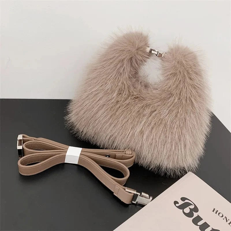 khaki New designer gift wedding fashion party cute hand bag handbags women luxury fox tote furry purse faux fur handbags