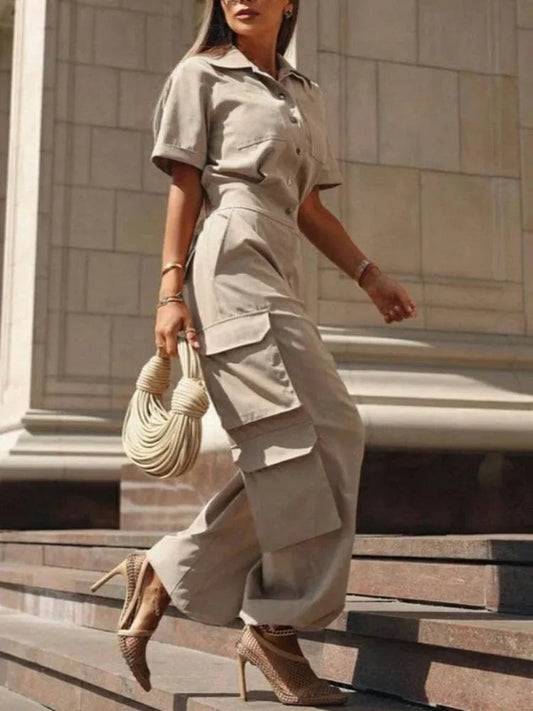 KHAKI / S Beautyblue Women Cargo Jumpsuits Summer Business Casual Outfits Buttoned Pockets Lapel Loose Elegant Khaki Cargo Romper Female