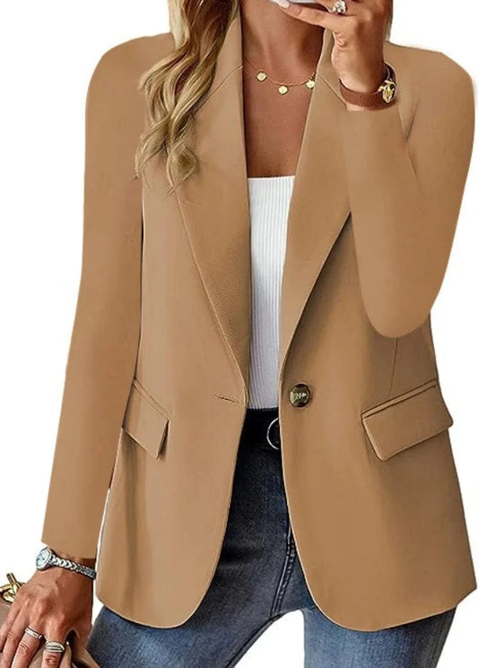 Khaki / XL Women's Single Button Straight Anti-Wrinkle Jacket Long Sleeve Jacket  Formal Business Path OL Office Lady  Spring and Fall